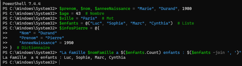 Affichage powershell des variable définit