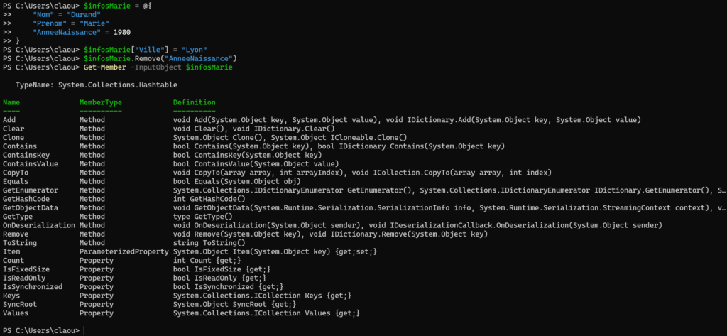 Possibilité de manipulation de dictionnaire powershell